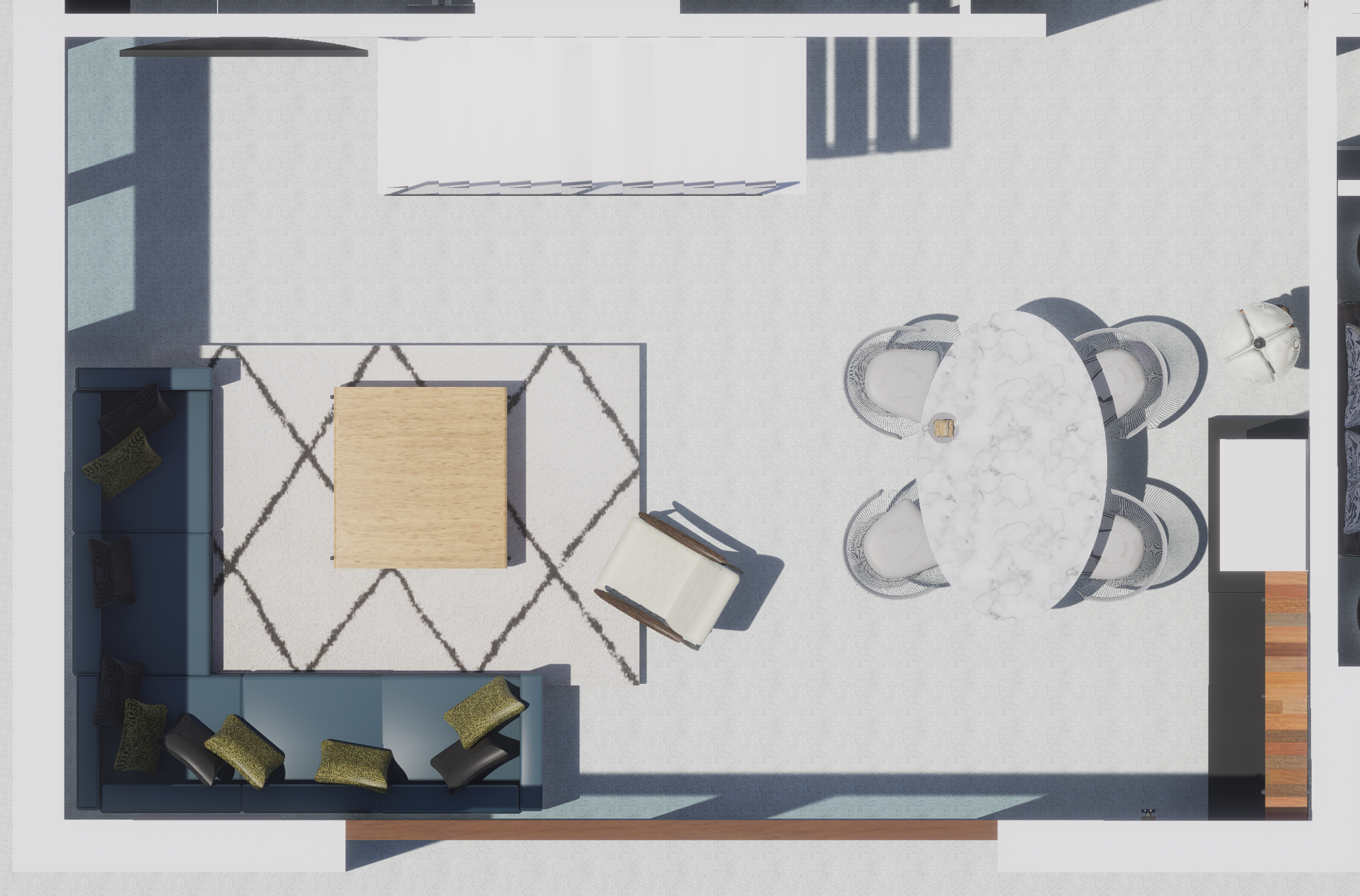 Vue de dessus en 3D d’un salon et d’une salle à manger réaménagés, avec un canapé d’angle, une table basse, et une table à manger ovale.