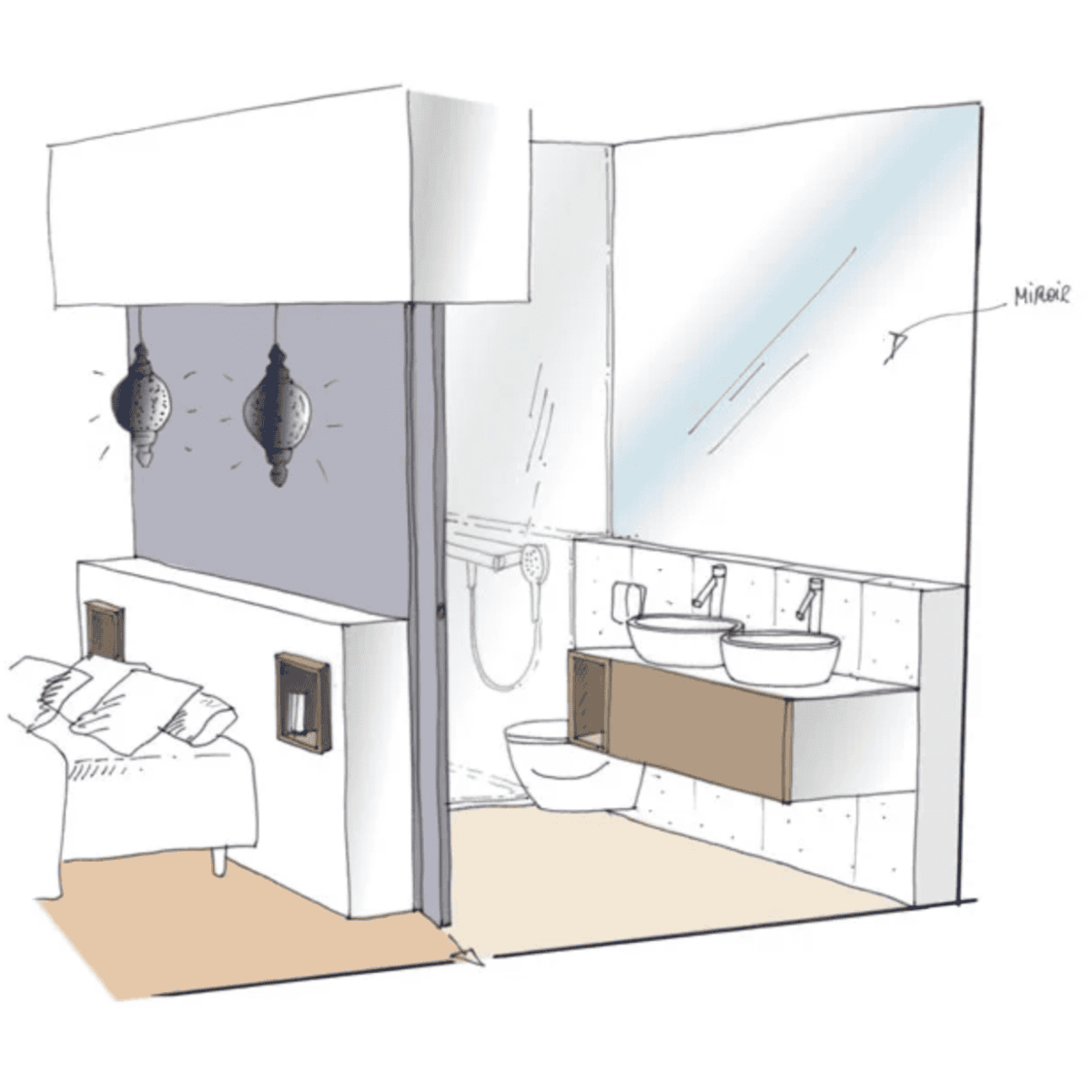 Illustration d’une suite parentale avec salle de bain ouverte, double vasque et éclairage design.